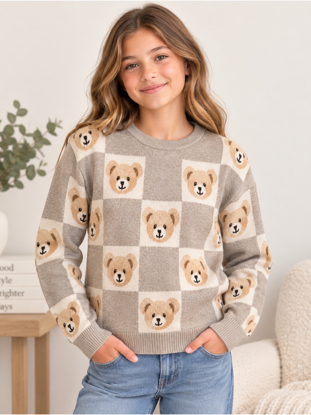 Stella Tweed Girls Size 16 Teddy Bear Checkered Knit Sweater NWT